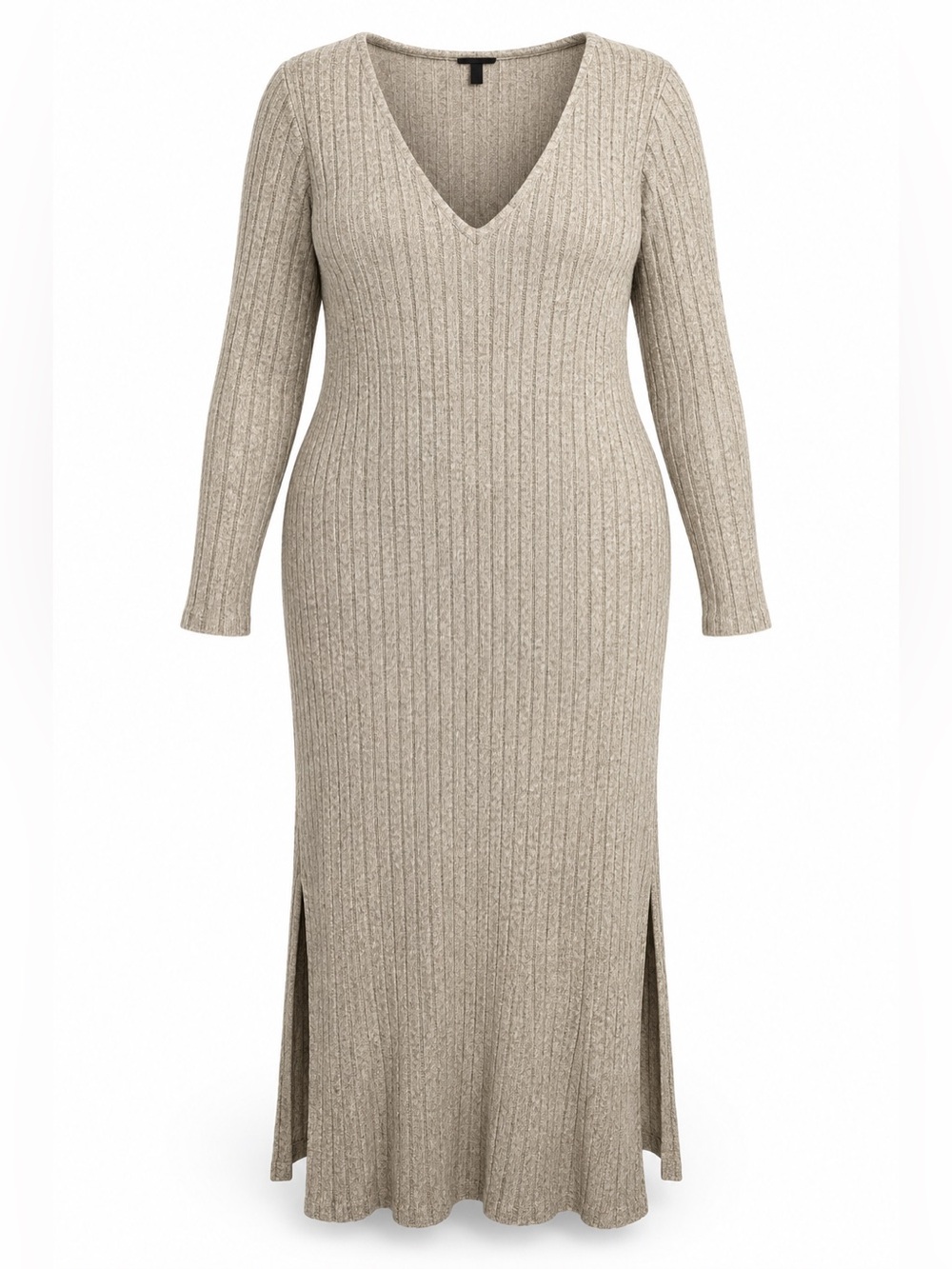 SHEIN Beige Ribbed V‑Neck Long Sleeve Knit Midi Dress